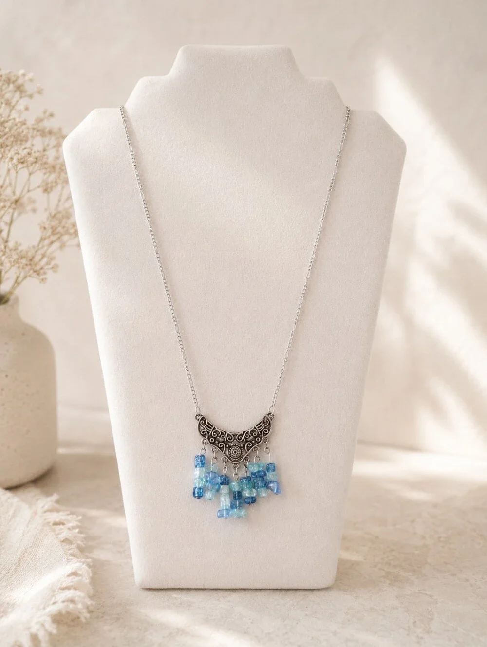 Vintage Style Silver Pendant Necklace with Blue Bead Fringe 24 Inch Handmade